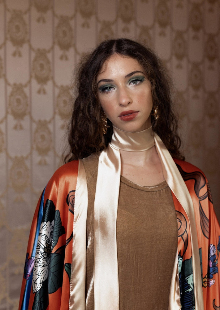 
                  
                    Load image into Gallery viewer, &amp;quot;A Goblet of Uniqueness: Orange&amp;quot; Satin T Reversible JUUXKimono™
                  
                