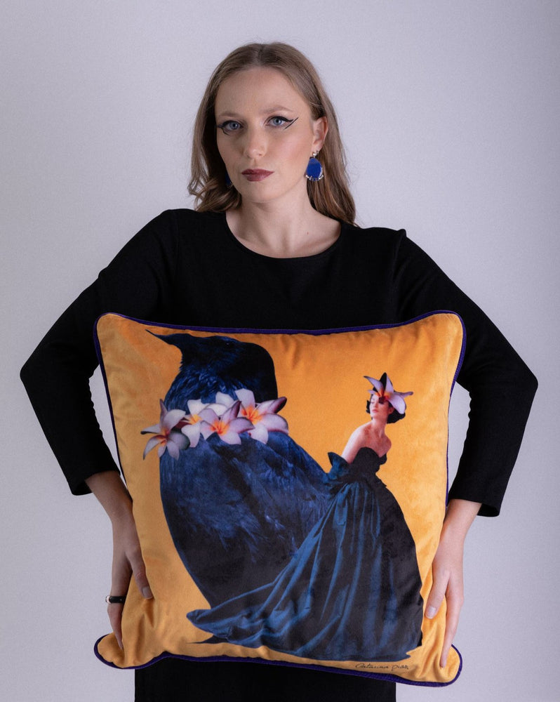 
                  
                    Load image into Gallery viewer, &amp;quot;Let&amp;#39;s Fly Away + Let&amp;#39;s Find a Way&amp;quot; Velvet Cushion (collab with Catarina Diaz)
                  
                