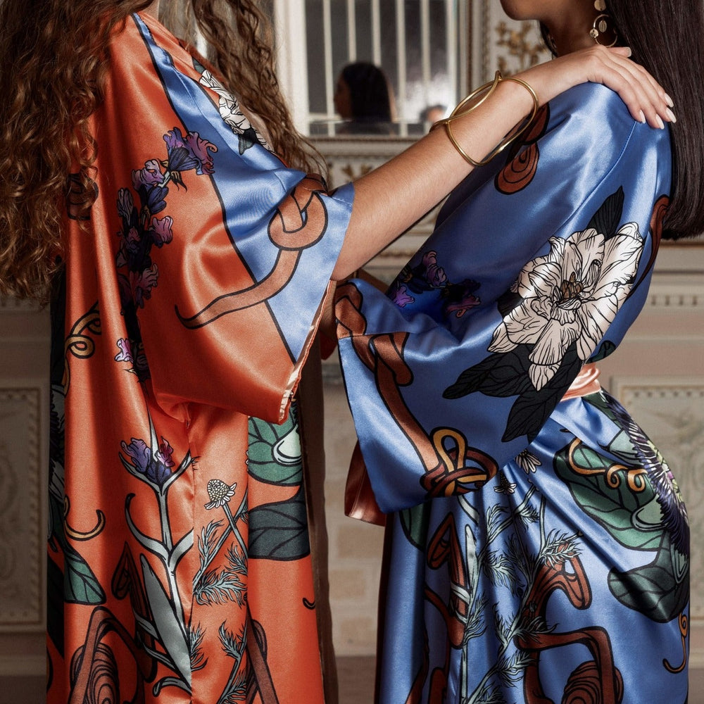 
                  
                    Load image into Gallery viewer, &amp;quot;A Goblet of Uniqueness: Blue&amp;quot; Satin T Reversible JUUXKimono™
                  
                